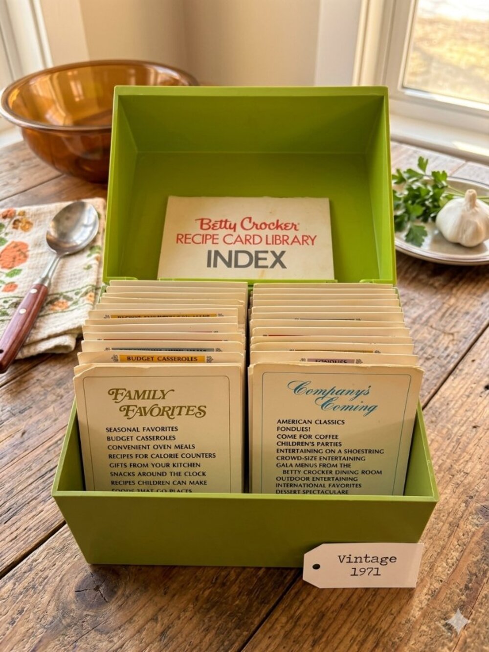 Vintage 1971 Betty Crocker Recipe Box & Card Library Set Green Retro Kitchen